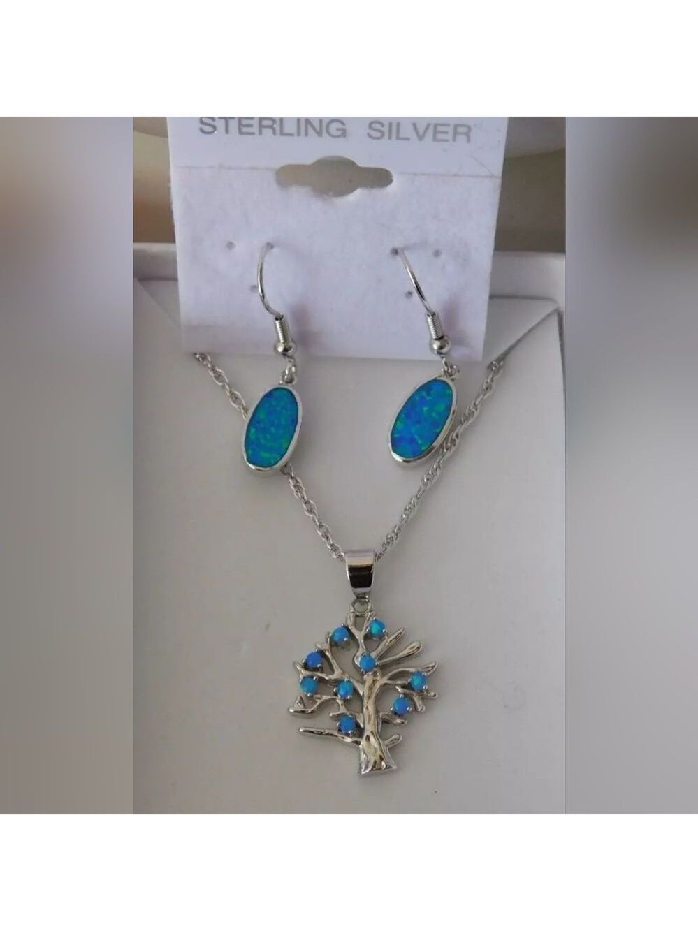 Tree of Life Sterling Silver Opal Pendant Necklace and Earrings Set 925 NWOT